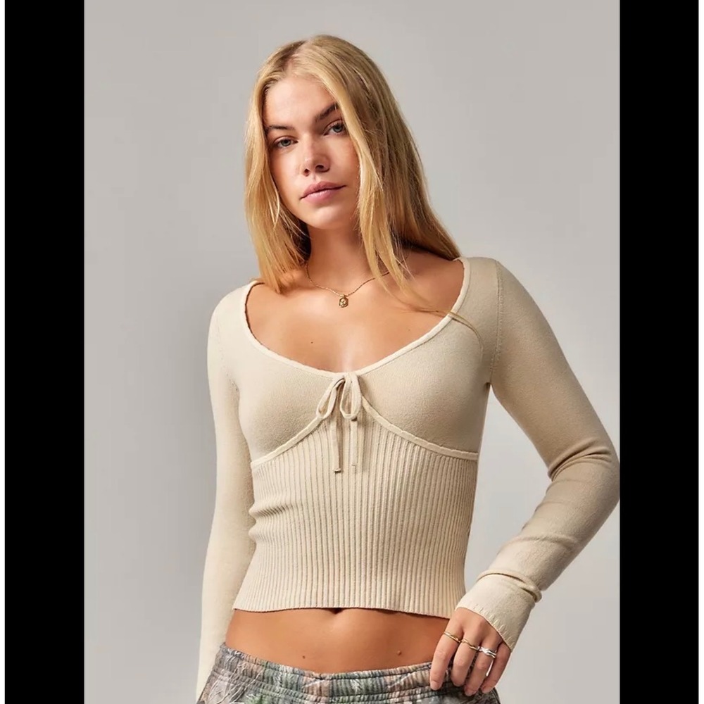 Urban Outfitters Womens Creme‎ Tie Front Ribbed Knit Long Sleeve Crop S Coquette